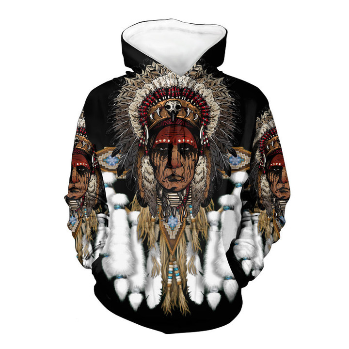 GB-NAT00446-02 Chief With Feather Headdress 3D Hoodie