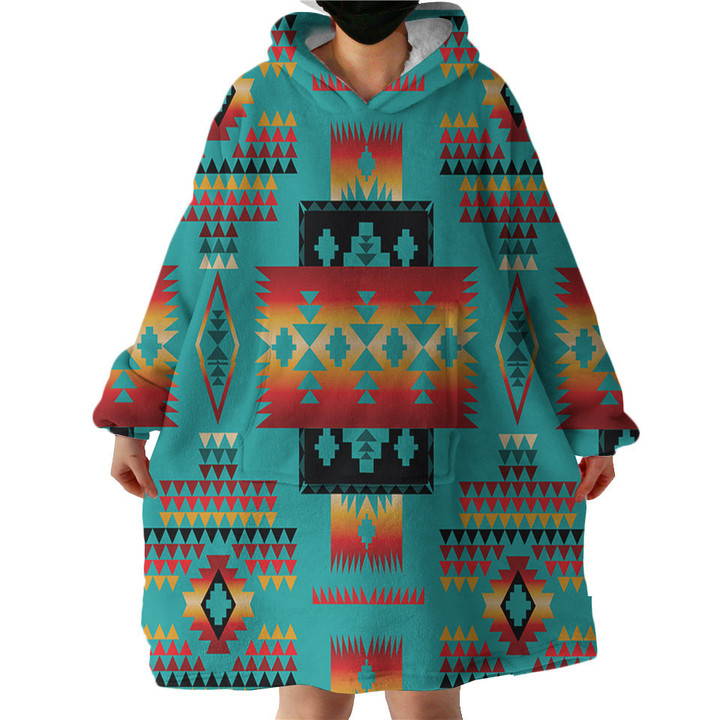 Blue Native Tribes Pattern Sherpa Hoodie Blankets