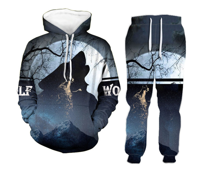 GB-NAT00423 Howling Wolf Galaxy Hoodie Long Pants 3D Set