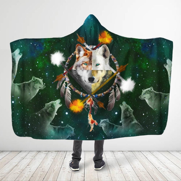 Native American - All Over Printed Jade Wolf Hooded Blanket