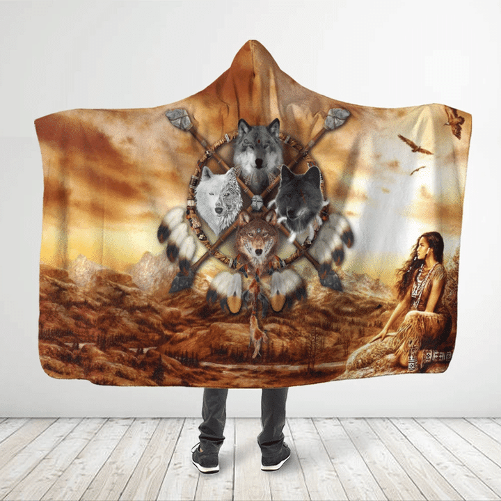 Native American- All Over Printed Wolf Pack Hooded Blanket