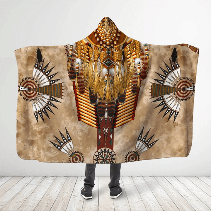 Native American Golden Feathers And Symbols 3D All Over Printed Hooded Blanket