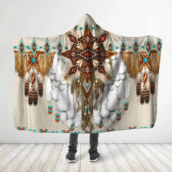 Native American Style 3D All Over Printed Sun With White Feathers Hooded Blanket