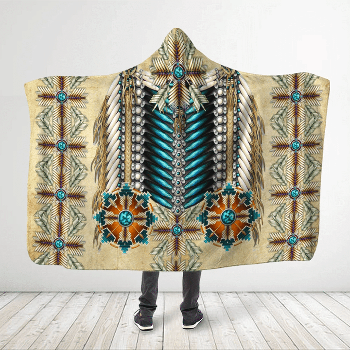 Native American Style 3D All Over Printed Turquoise Beads - Wheat Hooded Blanket
