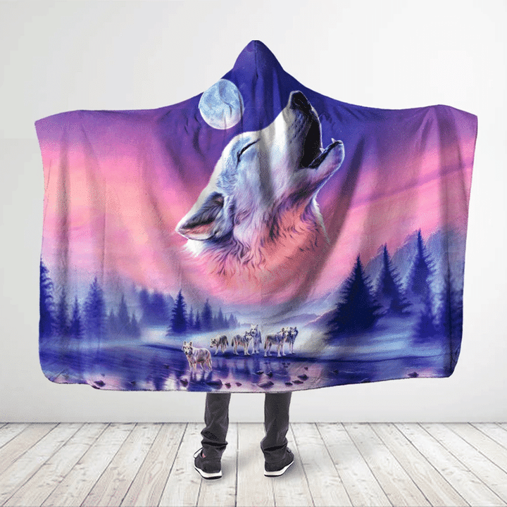 Native American - The Howling Of Wolves - Salmon Purple Hooded Blanket