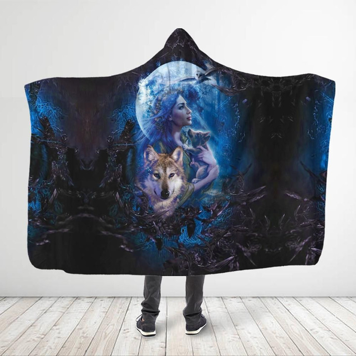 Native American - All Over Printed Wolf's Mother Dreamcatcher Hooded Blanket