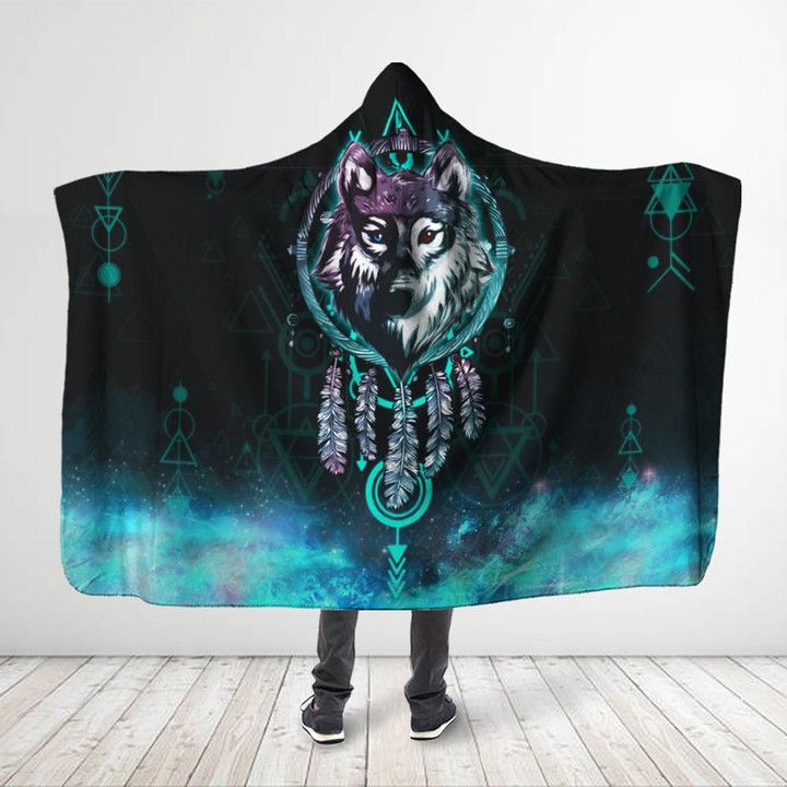 Native American - Turquoise Wolf Dreamcatcher Hooded Blanket