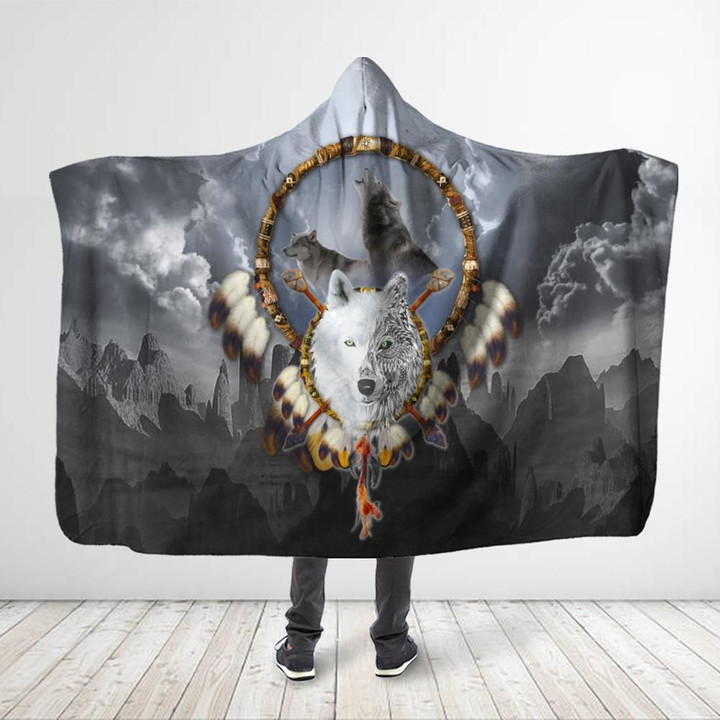 Native American - All Over Printed Grey Wolf Hooded Blanket