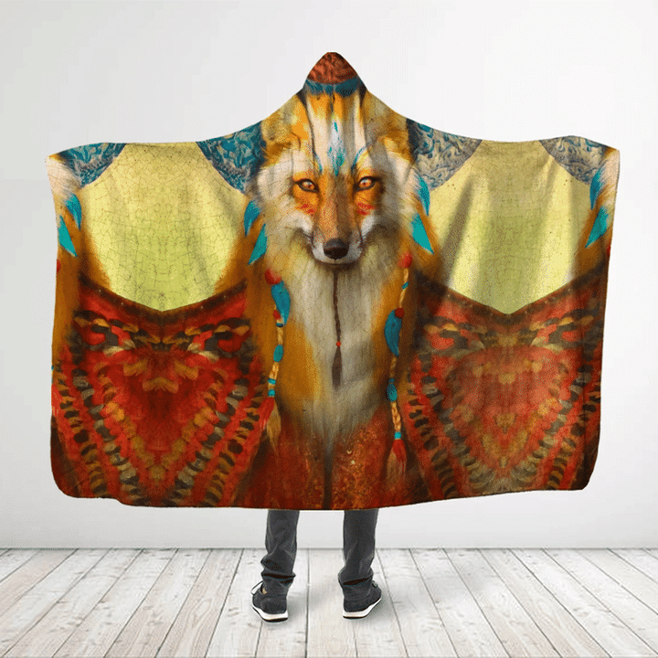 3D All Over Printed Native America White-Orange Wolf Hooded Blanket