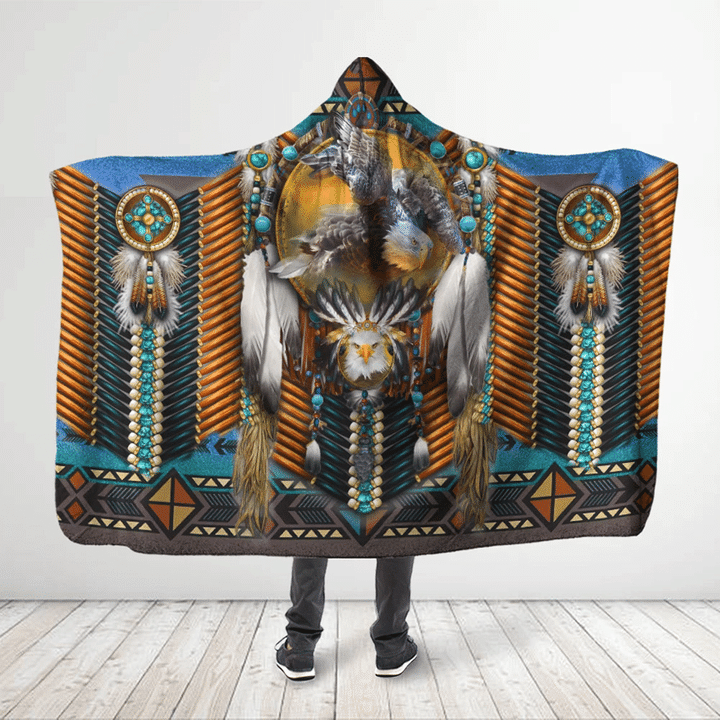Native American Eagle 3D All Over Printed Bald Eagle With Dreamcathcer - Hooded Blanket