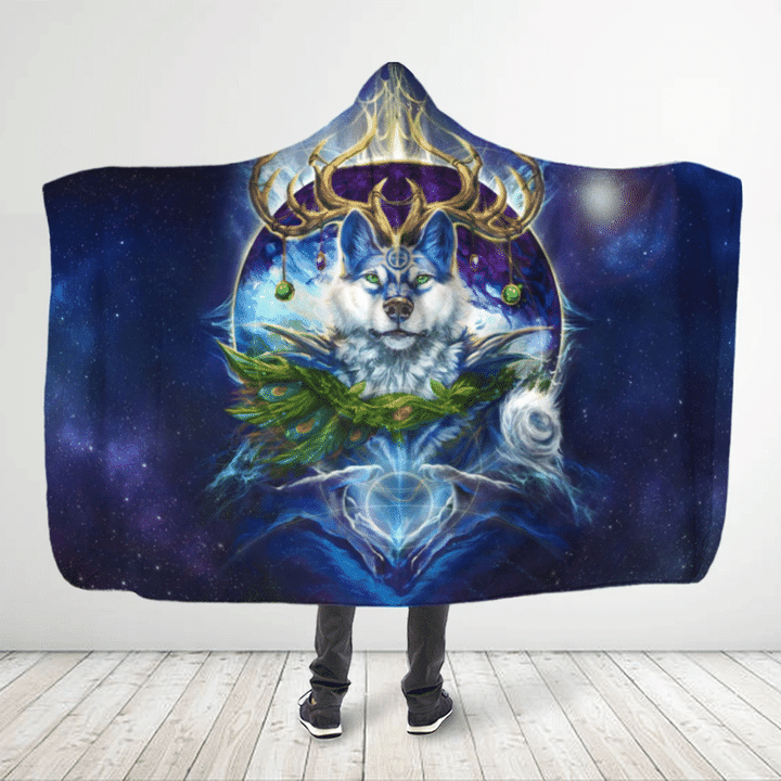 Native American Wolf 3D All Over Printed Galaxy Blue Wolf King Hooded Blanket
