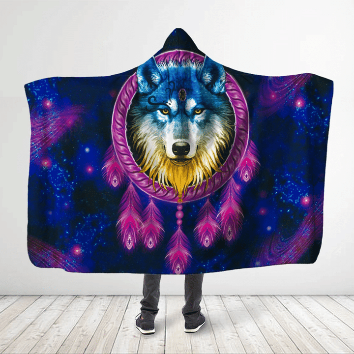 Native American - Gold Blue Wolf Dreamcatcher - Galaxy Purple Hooded Blanket