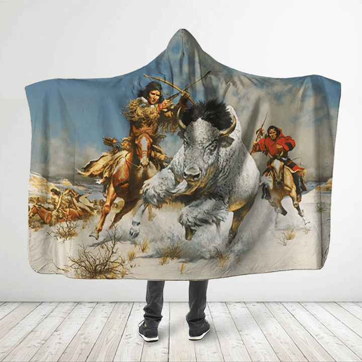 Native Buffalo 3D All Over Printed Hunting White Buffalo Hooded Blanket