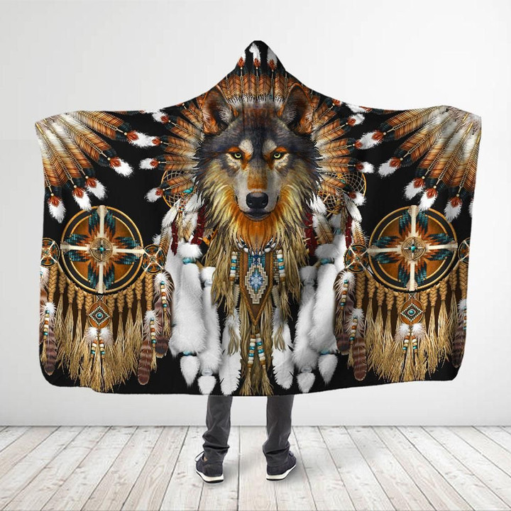 Native American - Hooded Blanket Wild Native Wolf