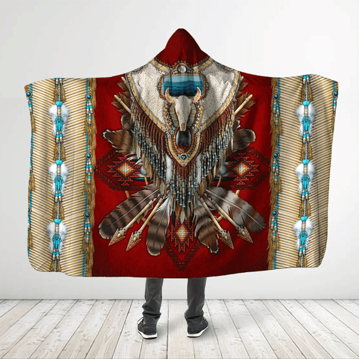 Native American Style 3D All Over Printed Buffalo Skull With Feathers - Hooded Blanket