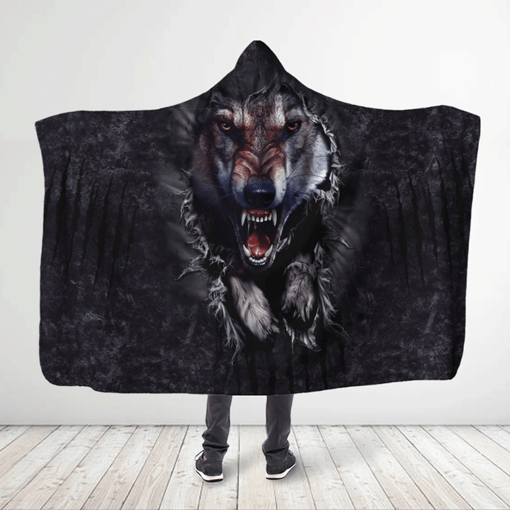 3D All Over Printed Native America Gray Black Wolf Hooded Blanket