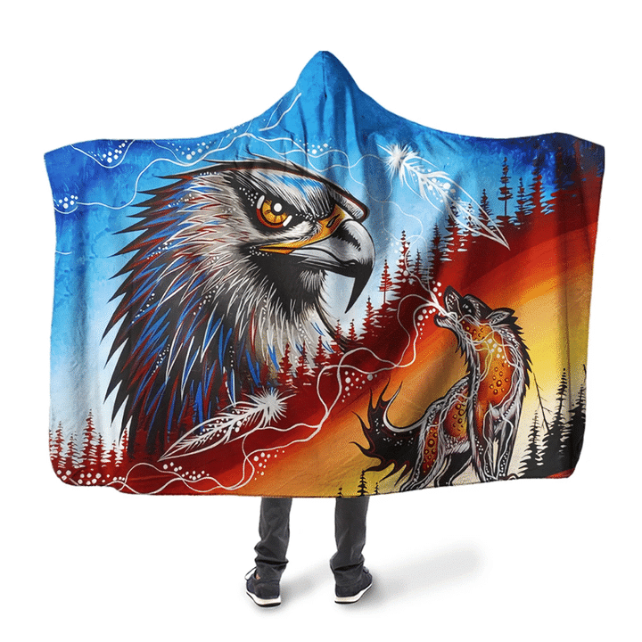 Native American Wolf 3D All Over Printed Hawk And Wolf King Hooded Blanket