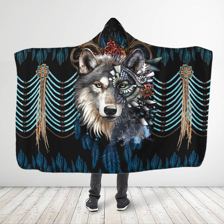 Native American - All Over Printed Wolf Queen Hooded Blanket