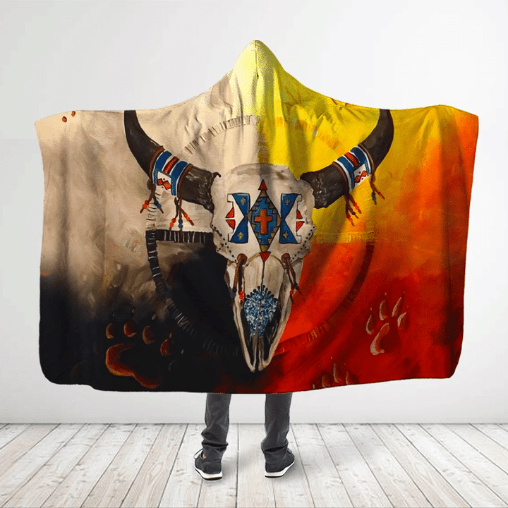 Native Buffalo 3D All Over Printed Buffalo Skull With Wolf Footprint - Colorful Hooded Blanket