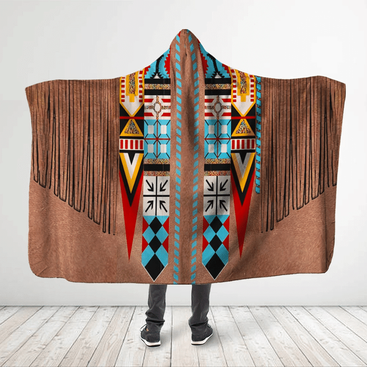 Native American Style 3D All Over Printed Colorful Symbols - Brown Hooded Blanket