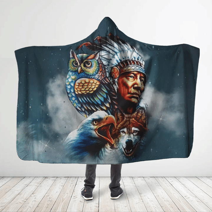 3D All Over Printed Native American With Wolf Owl And Hawl Hooded Blanket