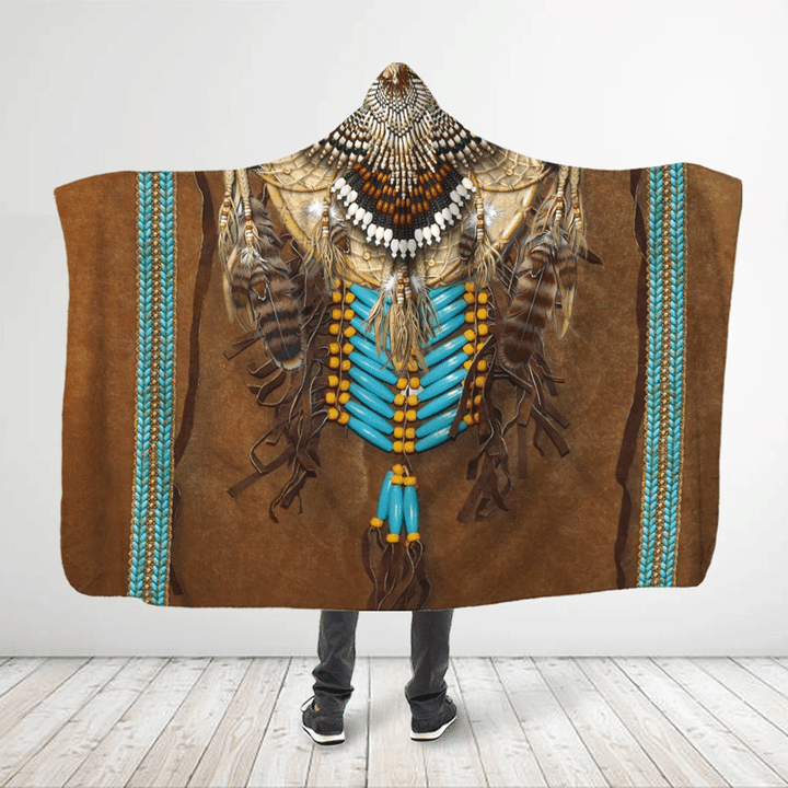 Native American Style 3D All Over Printed Turquoise Beads - Brown Hooded Blanket