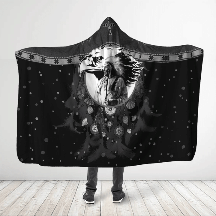 Native American Eagle 3D All Over Printed Eagle And The Aborigine - Black Hooded Blanket
