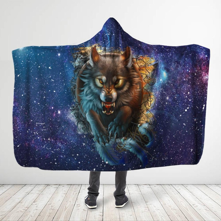 Native American - All Over Printed Galaxy Wolf Hooded Blanket