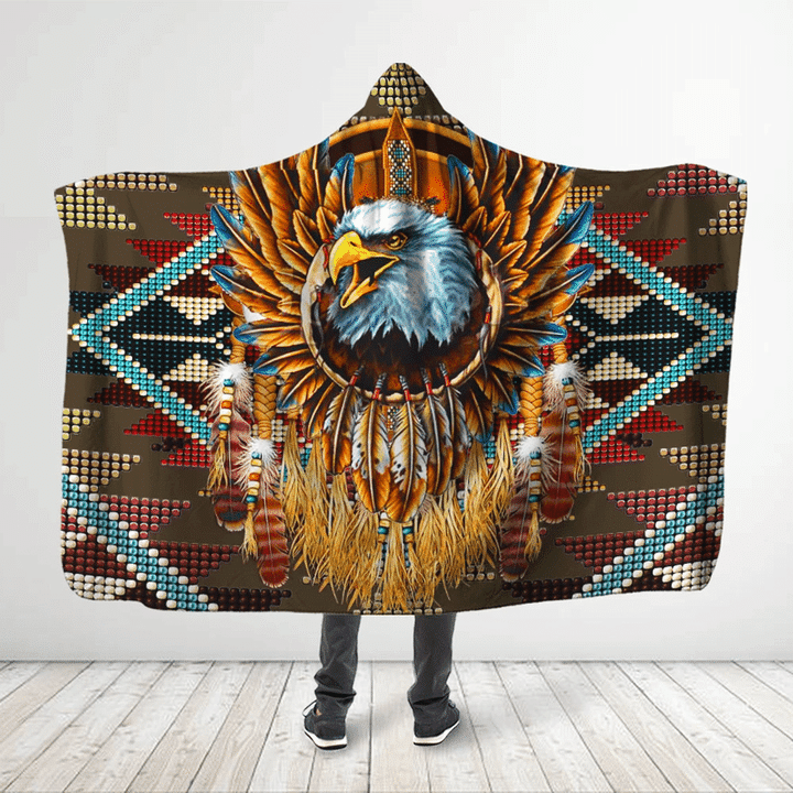 Native American- Eagle 3D All Over Printed Powerful Bald Eagle With Feathers - Hooded Blanket