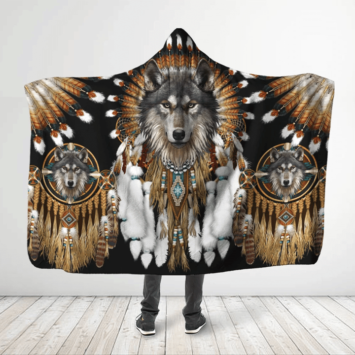 Native American Wolf 3D All Over Printed Wolf King - Hooded Blanket