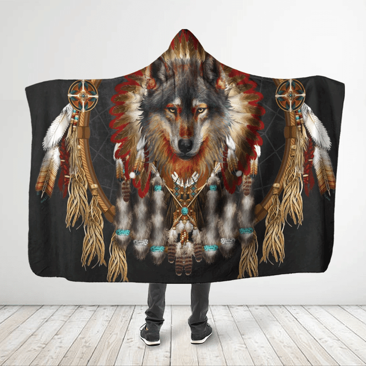 3D All Over Printed Native American Wolf Grey Red Wolf Hooded Blanket