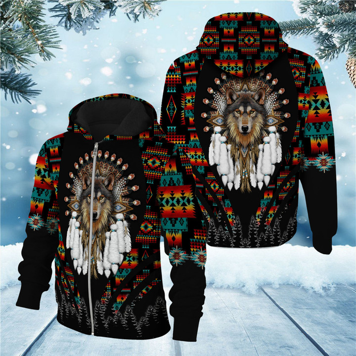 Wolf With Feather Headdress 3D Zip Hoodie