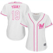 Brewers #19 Robin Yount White Pink Fashion Women's Stitched Baseball Jersey MLB- Women's