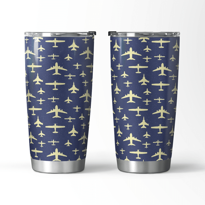 Fly Past Aeroplanes Navy Blue and Beige Pattern Travel Mug