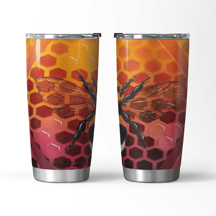 Pink Bumble bee with open wings and honey comb background with red and purple Travel Mug