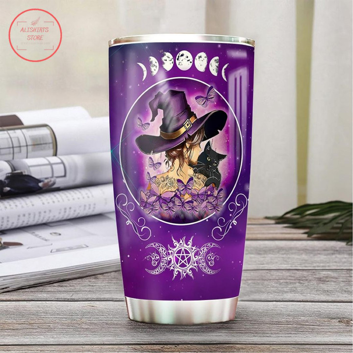 Purple Halloween Witch And Black Cat Tumbler