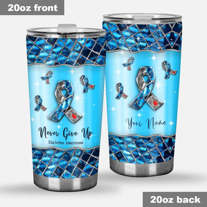 Never Give Up Blue Ribbon - Personalized Diabetes Awareness Tumbler