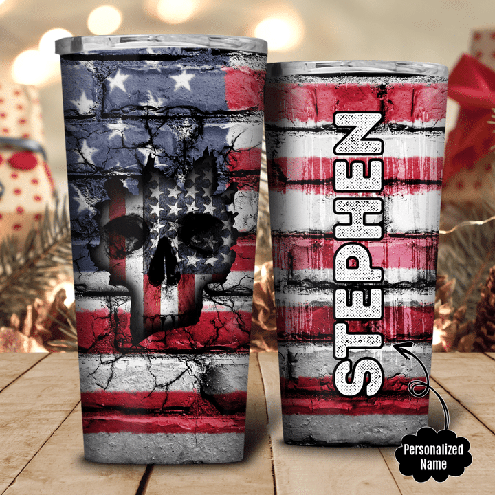Personalized Skull USA Flag On The Wall Tumbler 20oz