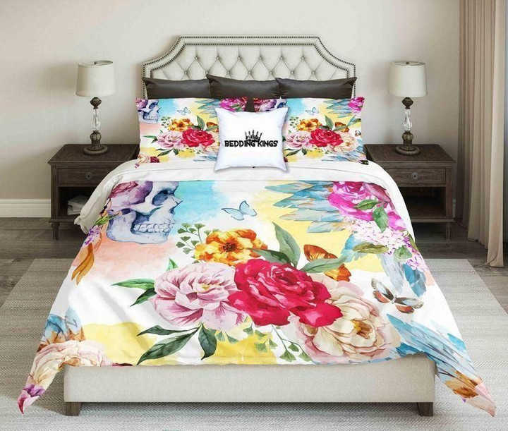 Tropical Flower And Skeleton Set Comforter Duvet Cover With Two Pillowcase Bedding Set