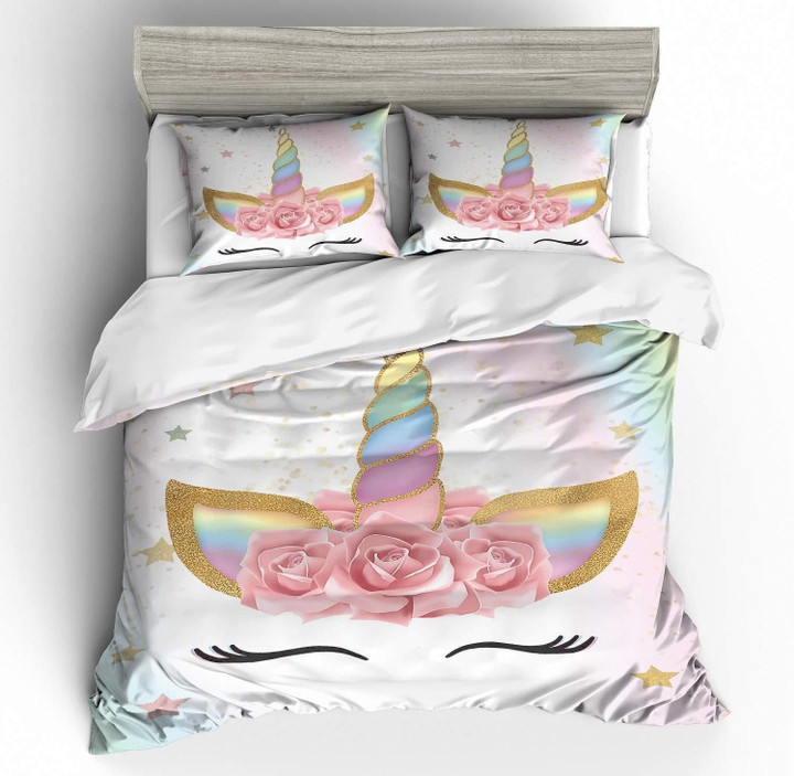 Unicorn Face With Closed Eyes Flowers Set Comforter Duvet Cover With Two Pillowcase Bedding Set