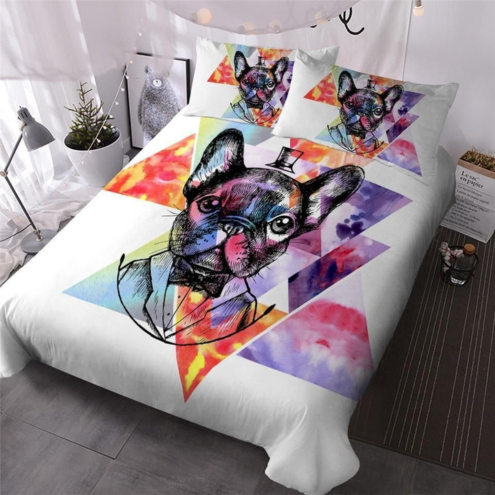Watercolor Pug Triangle Set Comforter Duvet Cover With Two Pillowcase Bedding Set