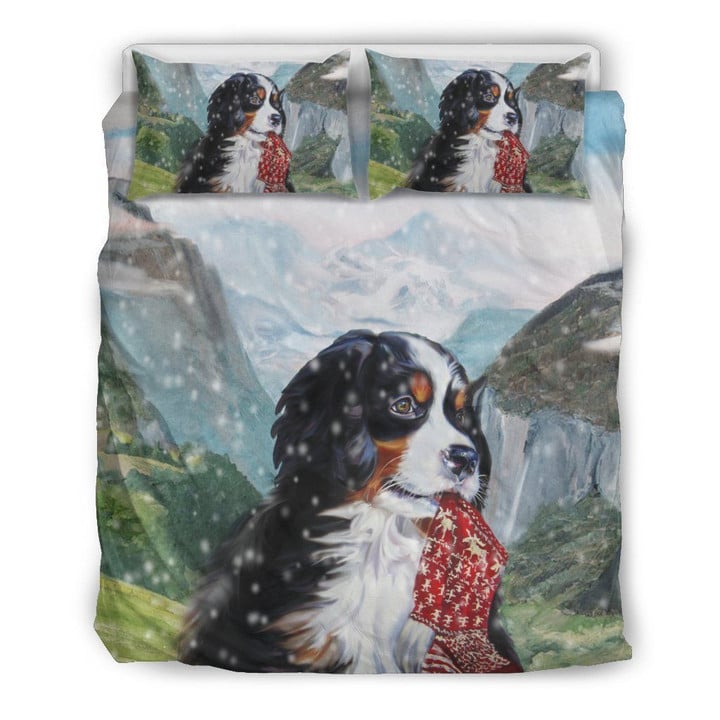 Switzerland Bernese Mountain Dog Snowy Set Comforter Duvet Cover With Two Pillowcase Bedding Set