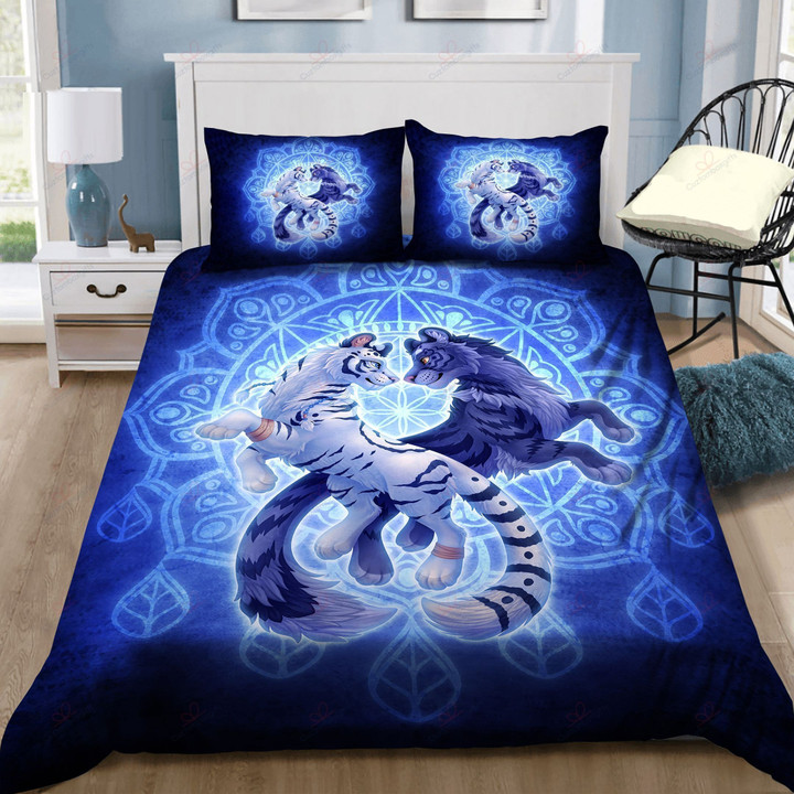 Tiger Couple Mandala Glowing Printed Set Comforter Duvet Cover With Two Pillowcase Bedding Set