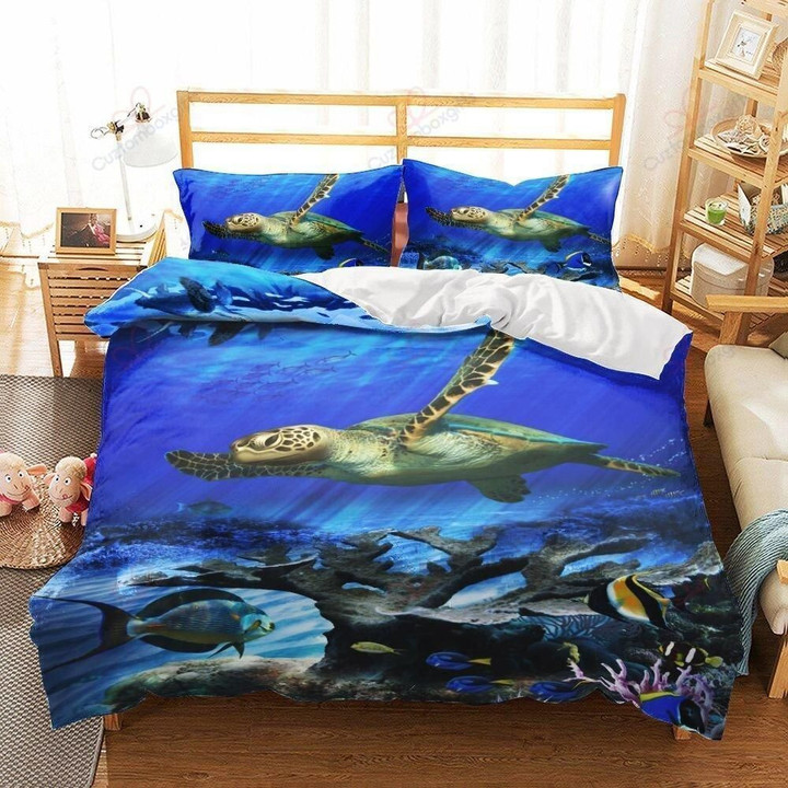 Turtle Under The Ocean Printed Set Comforter Duvet Cover With Two Pillowcase Bedding Set