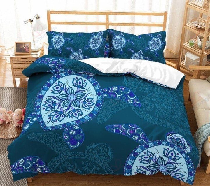 Turtle Flower Vintage Printed Set Comforter Duvet Cover With Two Pillowcase Bedding Set