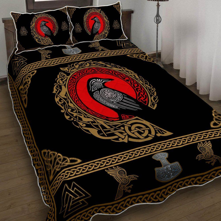 Raven Of Odin On Black Background Quilt Bed Set