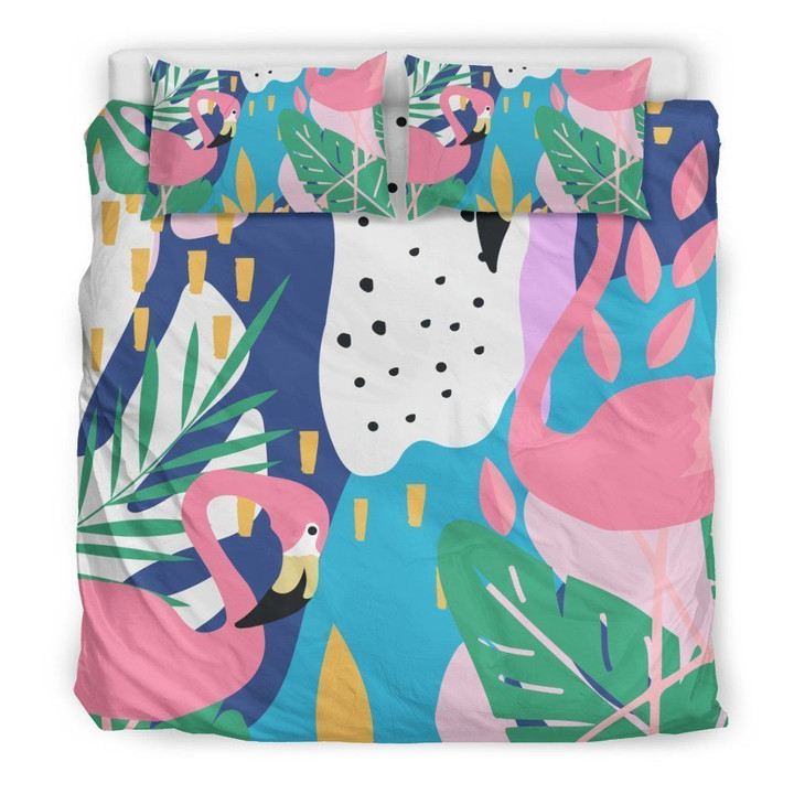 Tropical Flamingo Palm Leaves Hawaiian Cool Design Set Comforter Duvet Cover With Two Pillowcase Bedding Set