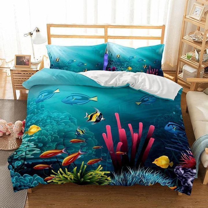 Underwater World 3D Printed Set Comforter Duvet Cover With Two Pillowcase Bedding Set