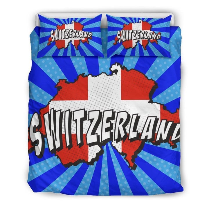 Switzerland Map Blue Set Comforter Duvet Cover With Two Pillowcase Bedding Set