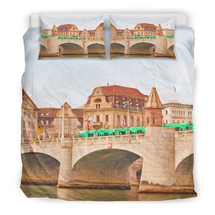 Switzerland Basel Vintage Ancient Town Set Comforter Duvet Cover With Two Pillowcase Bedding Set